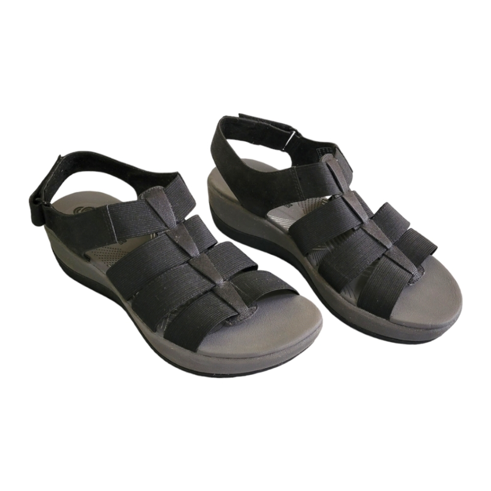 CLARKS CLOUDSTEPPER Elastic Sport Athletic Black Sandals Size 7.5